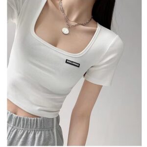 Square Neck Collarbone Tight Base Summer Hot Girl Short-sleeved Slim Top
