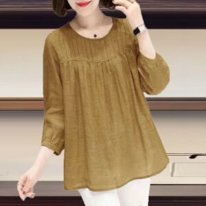 Cotton Round Collar Nine Quarter Sleeve Cotton Linen Shirt Women