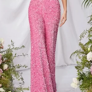 Women's Casual Loose Wide Leg Pants Elastic Band High Waist Sequin Trousers Fashion Streetwear