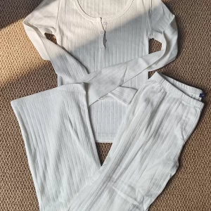 Eyelet White T-shirt Pant Pajama Set Woman Buttons Long Sleeve Tee+Elastic Waist Straight Trousers Cotton Home 2 Piece Sets Y2k