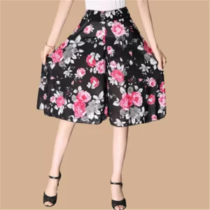 [LTD For New Store]summer Casual Loose Chiffon Elastic Waist Wide Leg Knee Length Skirt Pants Female Lady High Waist Woman Pants