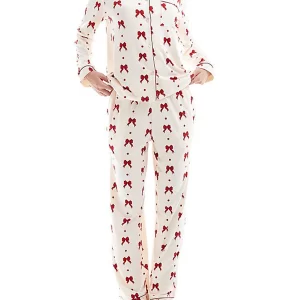 New Fashion Women Fall Pajamas Set Bow Dot Pattern Button Down Long Sleeve V-Neck Tops With Pants Lounge Wear 2 Pcs Set S M L