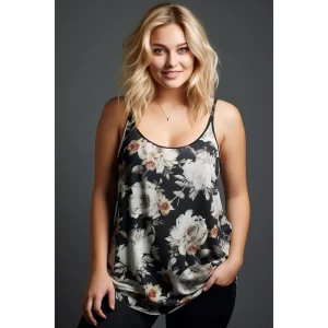 Plus Size Everyday Casual Black Floral Print Loose Cami Summer Tops Summer Sleeveless Vest