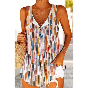 Plus Size Casual Multicolor Block Print Button V-neck Sleeveless Tank Top