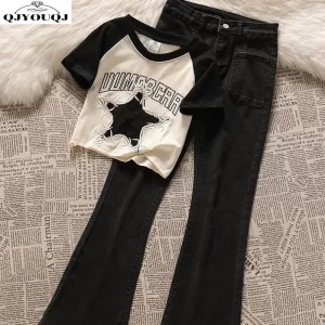Spring and summer Korean fashion set with letter printed short sleeved top and micro flared jeans two-piece set