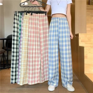 Vintage Plaid Women Pants High Waist Wide Leg Straight Pant Loose Casual Female Trousers Wide Leg Pant Fashion Streetwear