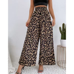 Women's Leopard Print Casual Elastic Waist Loose Chiffon Wide Legs Pants Baggy Pants