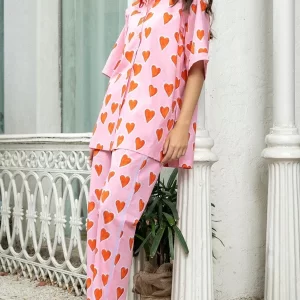 Women's Fall Pajamas Set Flower Love Heart Plaid Pattern Elbow Sleeve Lapel Tops with Pants Lounge Wear 2 Pcs Set