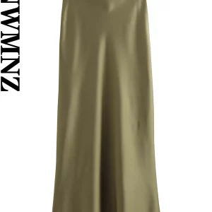 XNWMNZ Women's Fashion 2023 Flowing Satin Midi Skirt Women Vintage Elastic High Waist Flared hem High Street Female Skirt