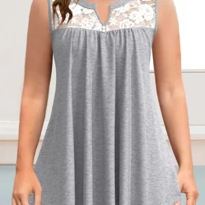 Flycurvy Plus Size Casual Grey Lace Stitching Decorative Button Fold Tank Top