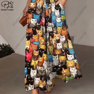 3D printed colorful cat fox owl bat animal pattern women's wide leg pants elastic waist pleated trousers series